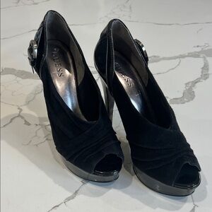 GUESS Black Suede Peep Toe Platform Pumps with Buckle - Size 7